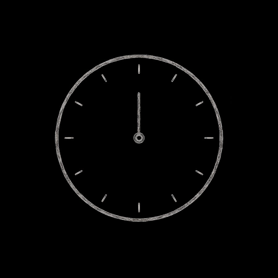 Ilustración minimalista de un reloj marcando las doce en punto sobre fondo negro, estilo Umbral Cero.