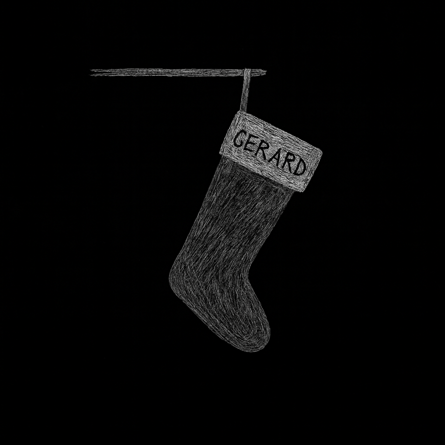 Dibujo minimalista de un calcetín navideño colgado sobre fondo negro, ilustración estilo Umbral Cero.