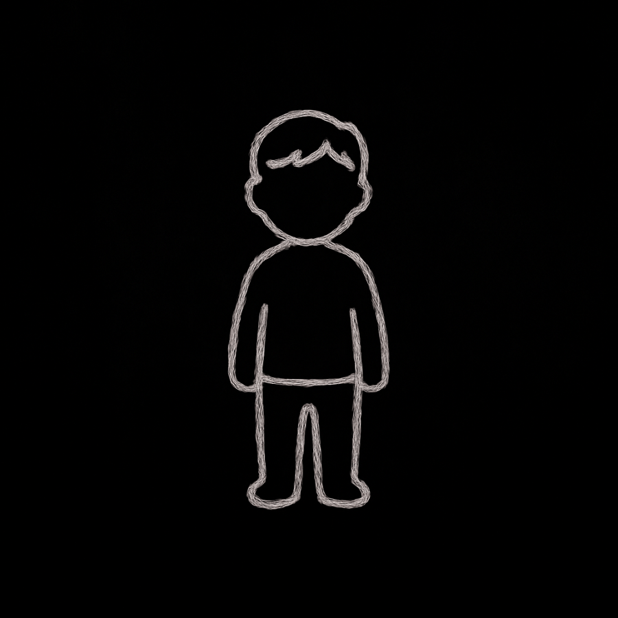 Ilustración minimalista de la silueta de un niño dibujado con líneas blancas sobre fondo negro, estilo Umbral Cero.