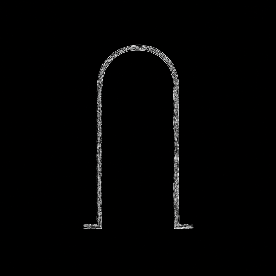 Ilustración minimalista de una puerta arqueada trazada en blanco sobre fondo negro, símbolo de Profundidades del Umbral.