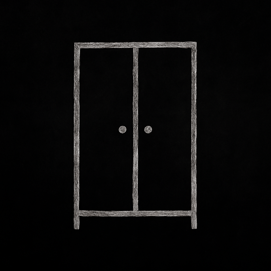 Dos líneas blancas trazadas a mano sobre fondo negro texturizado, formando un símbolo que evoca la puerta entreabierta de un armario en el micro-relato El Armario No Olvida.