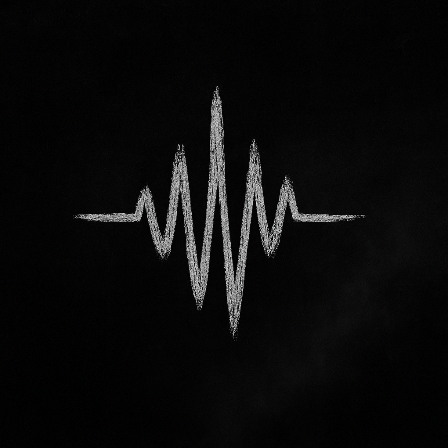 Símbolo blanco de onda distorsionada trazada a mano sobre fondo negro texturizado, representando el eco que no coincide con la voz del protagonista en el micro-relato El Eco Incorrecto.