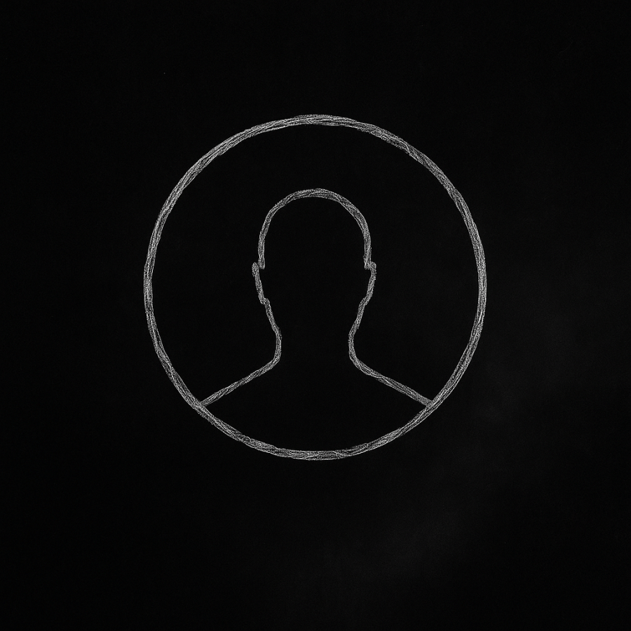 Símbolo circular blanco incompleto trazado a mano sobre fondo negro texturizado, representando la figura parcial e indefinida del micro-relato El Hombre Que No Se Acababa de Ver.