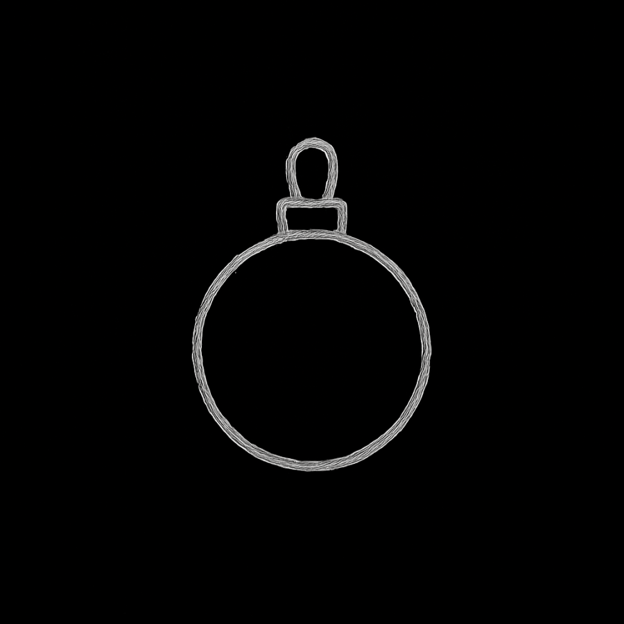 Adorno navideño circular dibujado con trazos blancos sobre fondo negro, estilo minimalista Umbral Cero
