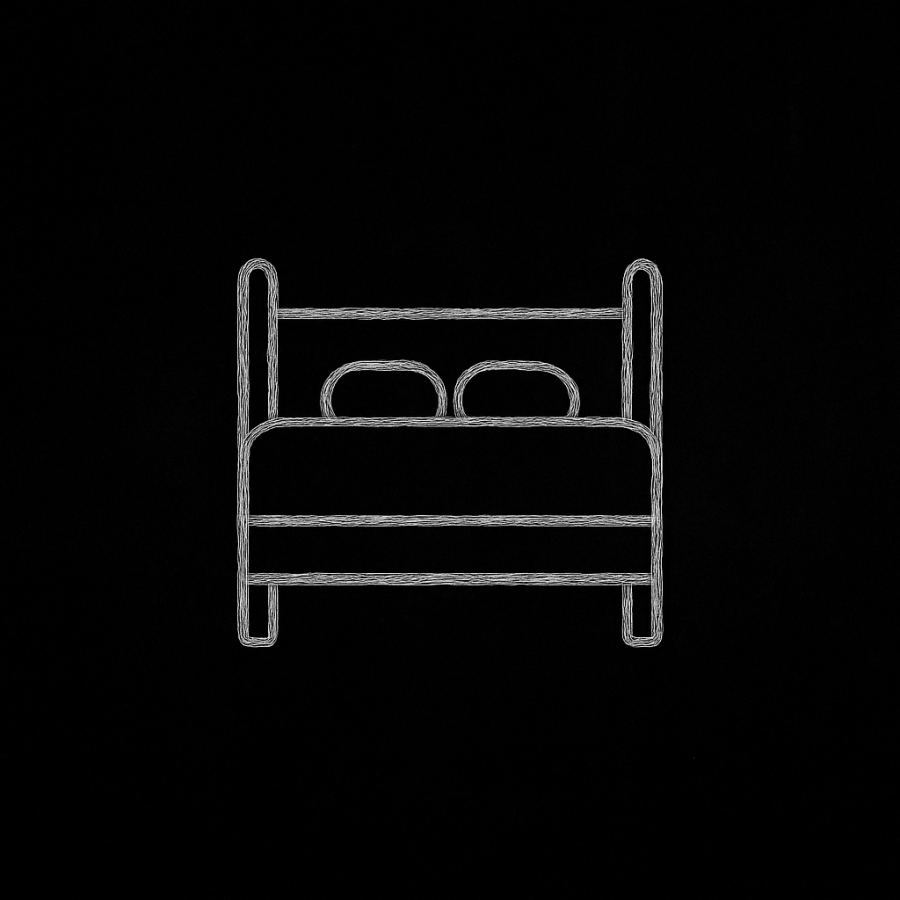 Símbolo blanco minimalista con forma de marco trazado a mano sobre fondo negro texturizado, representando la categoría Habitaciones de Umbral Cero.