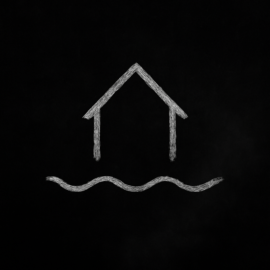 Símbolo blanco trazado a mano con forma de líneas curvas que evocan respiración sobre fondo negro texturizado, representando la casa viva del micro-relato La Casa Respira.