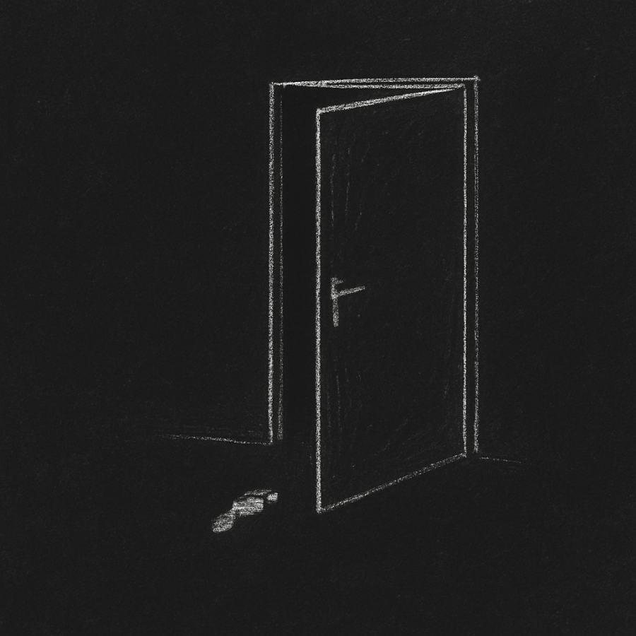 Puerta entreabierta dibujada con trazos blancos sobre fondo negro y una huella pequeña frente al umbral, estilo minimalista Umbral Cero