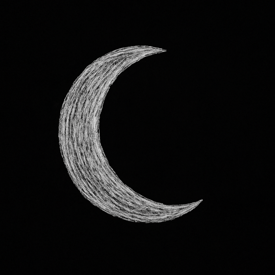 Símbolo blanco minimalista de una media luna trazada a mano sobre un fondo negro texturizado, representando la categoría Noche de Umbral Cero.