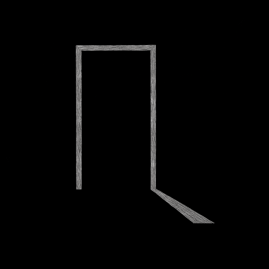 Puerta abierta dibujada con trazos blancos sobre fondo negro, con una sombra alargada cruzando el umbral, estilo minimalista Umbral Cero